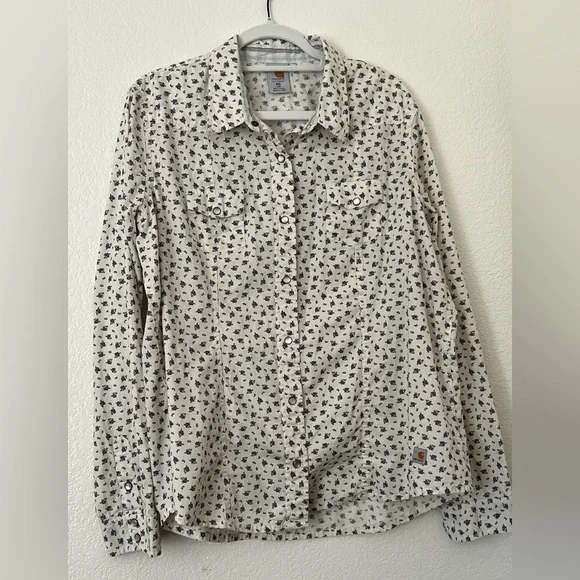 Carhartt Blue and White Floral Pearl Snap Western Shirt Ladies XXL EUC - Picture 1 of 7
